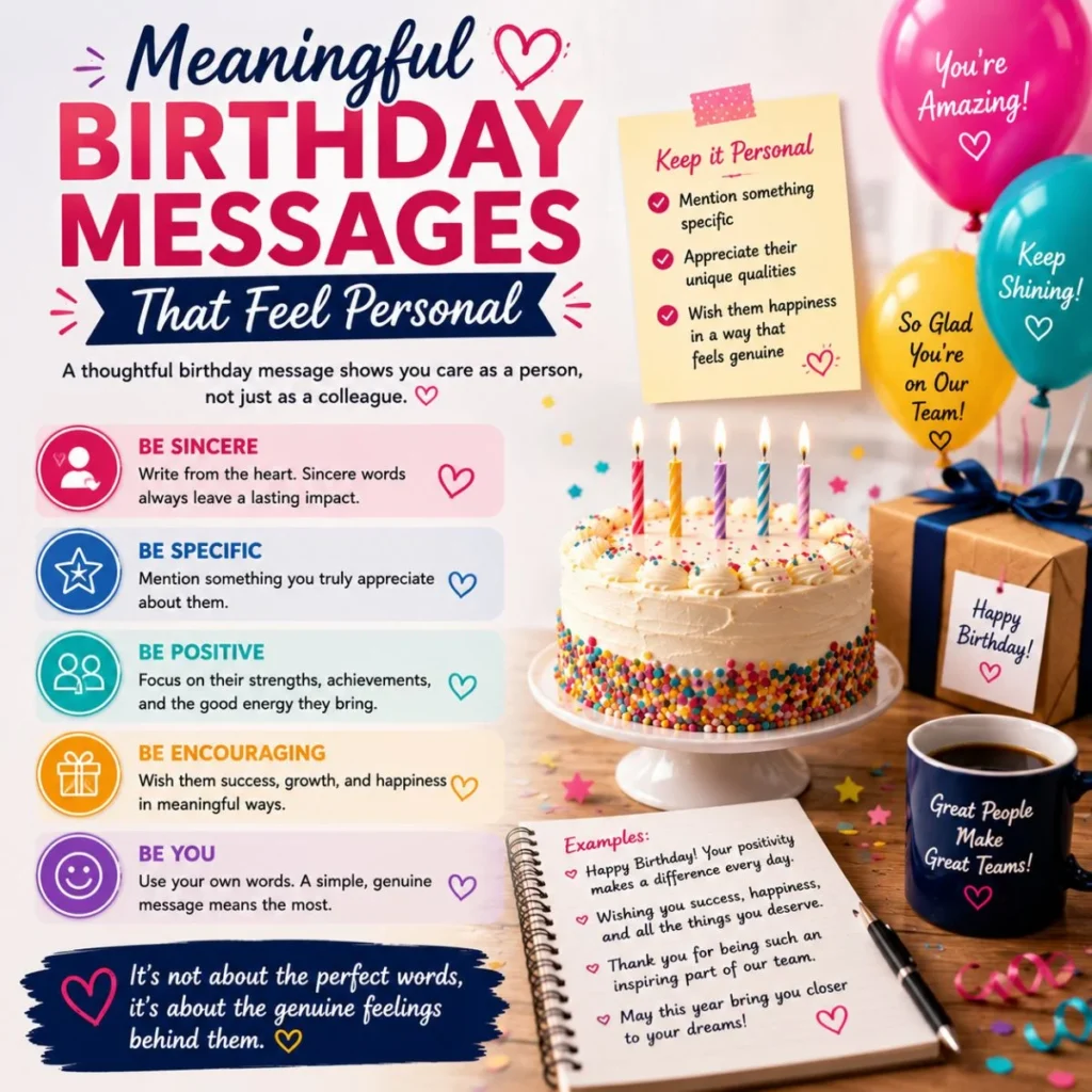 Meaningful birthday messages that feel personal with birthday cake, balloons, and heartfelt coworker appreciation notes