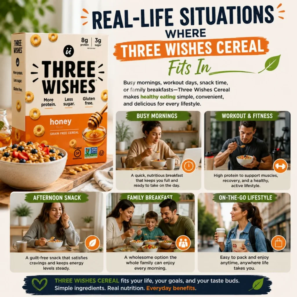 Infographic showing real-life situations where Three Wishes Cereal fits into busy mornings, workouts, and family breakfasts