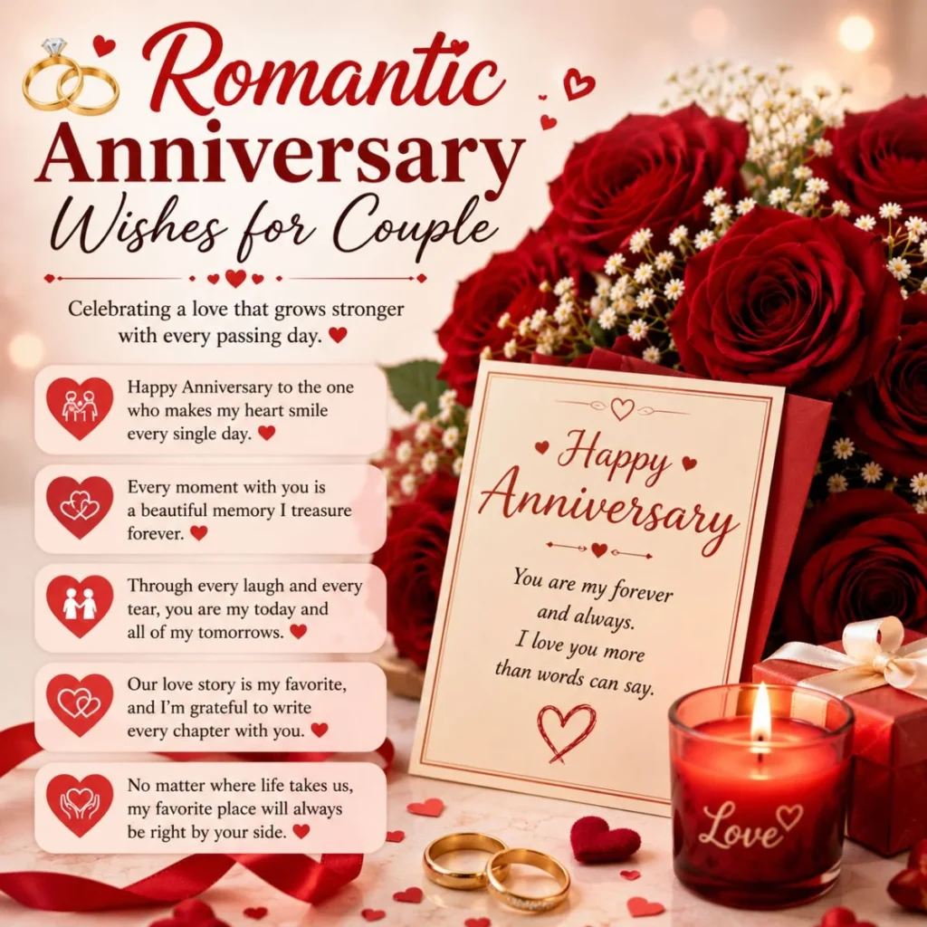 Romantic anniversary wishes for couple with roses, wedding rings, candle, and heartfelt love message