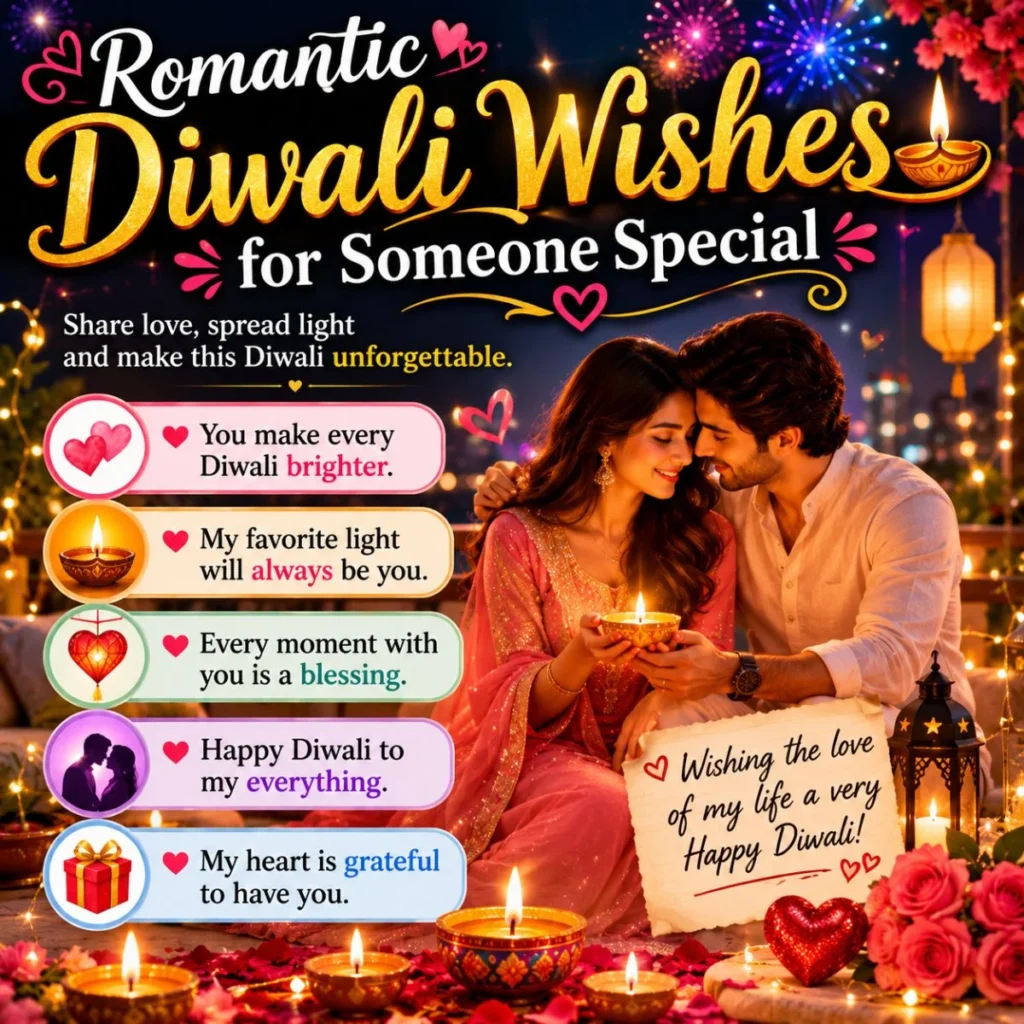 Romantic Diwali wishes for someone special with a couple, diyas, lanterns, and festive lights