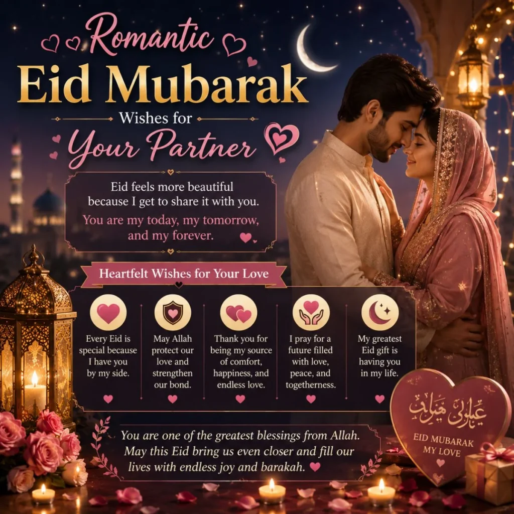 Romantic Eid Mubarak wishes for your partner with a couple, lanterns, crescent moon, and heartfelt love messages