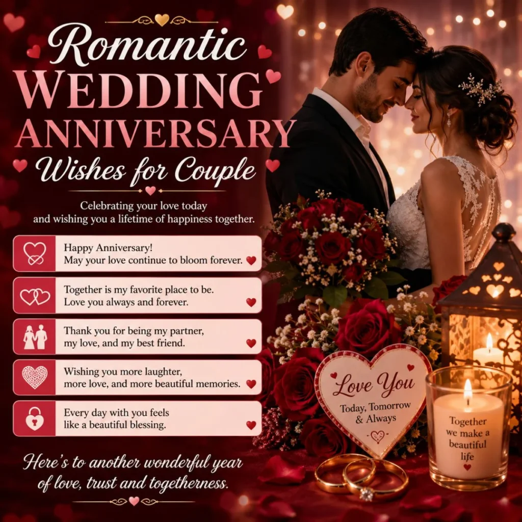 Romantic wedding anniversary wishes for couple image with roses, candles, rings, and a loving couple portrait