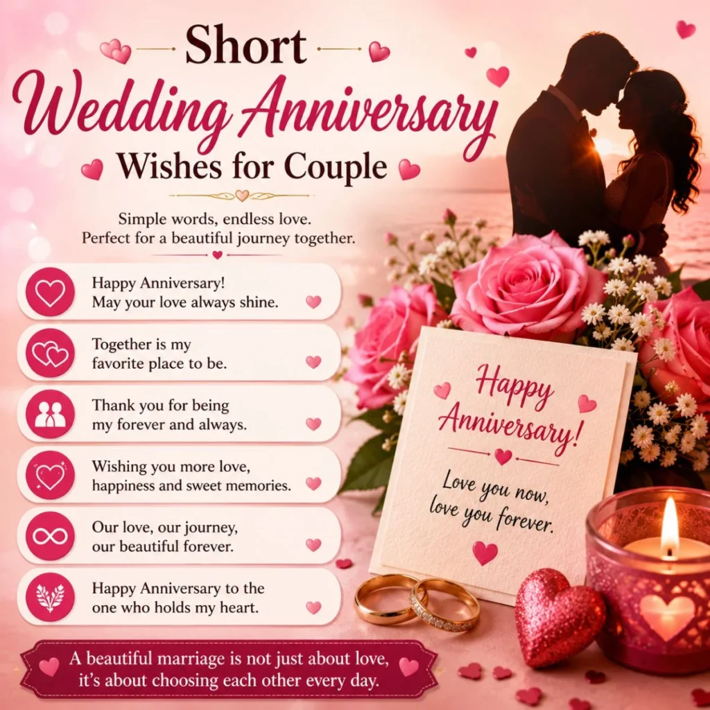 Short wedding anniversary wishes for couple image with roses, rings, candlelight, and romantic love messages