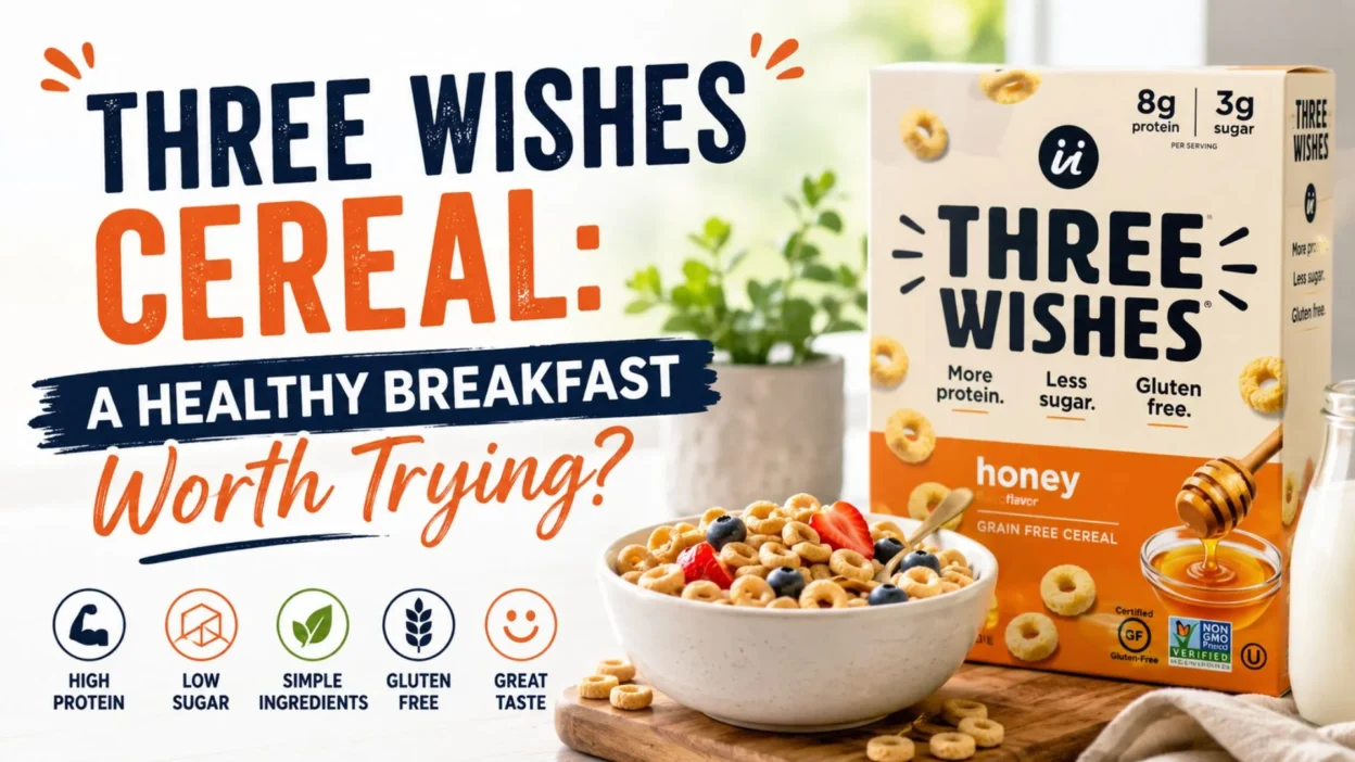 Three Wishes Cereal breakfast bowl with berries, milk, and healthy cereal box highlighting high protein and low sugar benefits