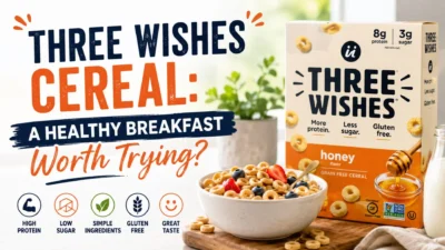 Three Wishes Cereal breakfast bowl with berries, milk, and healthy cereal box highlighting high protein and low sugar benefits