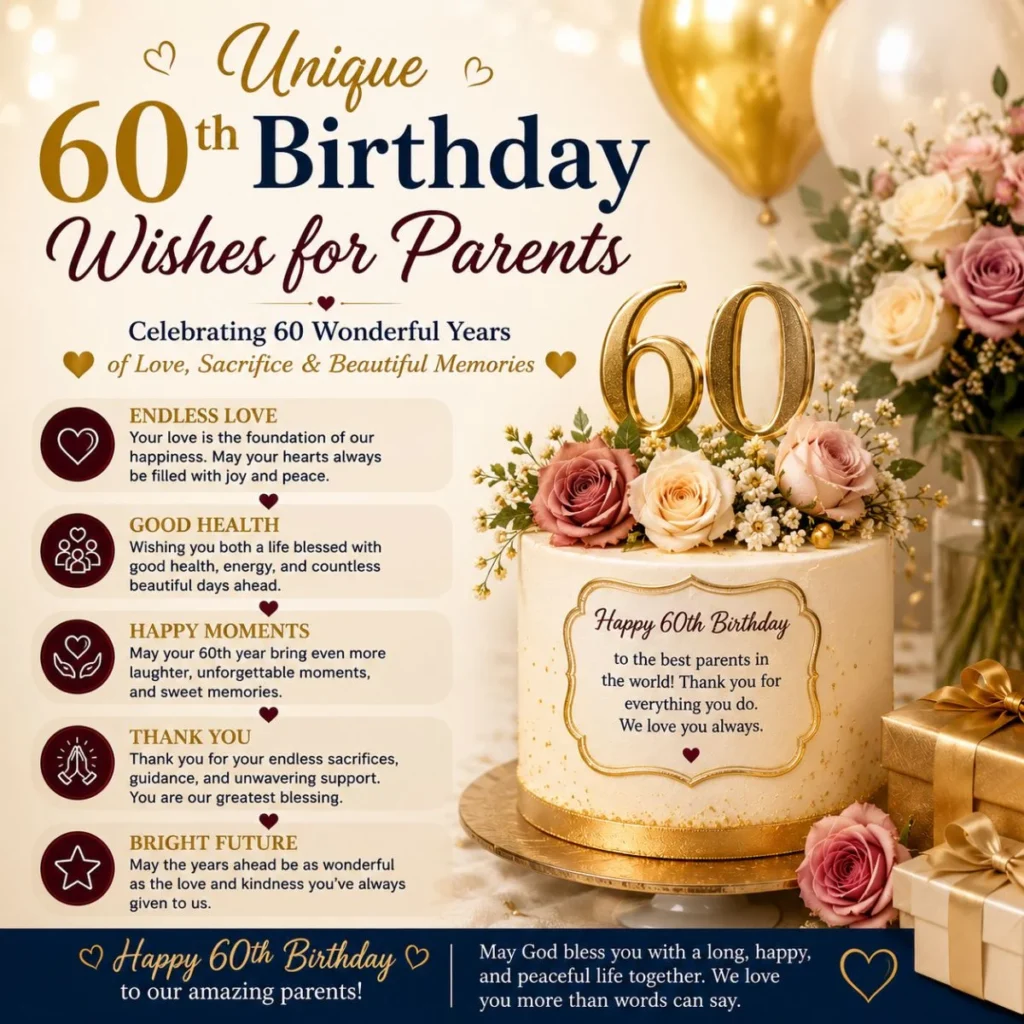 Unique 60th birthday wishes for parents with elegant cake, flowers, balloons, and heartfelt family celebration design