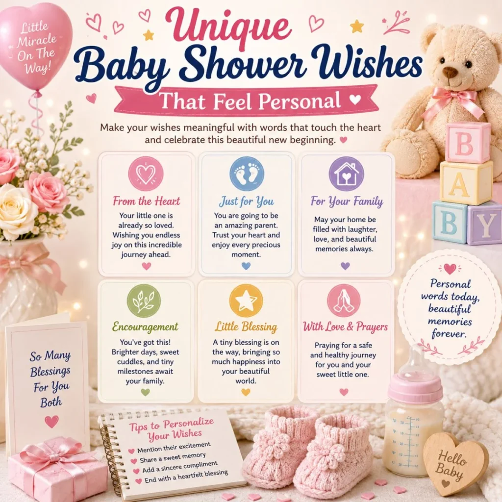 Unique baby shower wishes infographic with personalized messages, teddy bear, baby shoes, flowers, and keepsake ideas