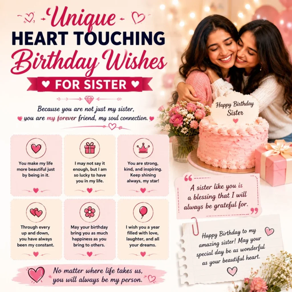 Unique heart touching birthday wishes for sister image with sisters hugging, cake, flowers, and heartfelt messages