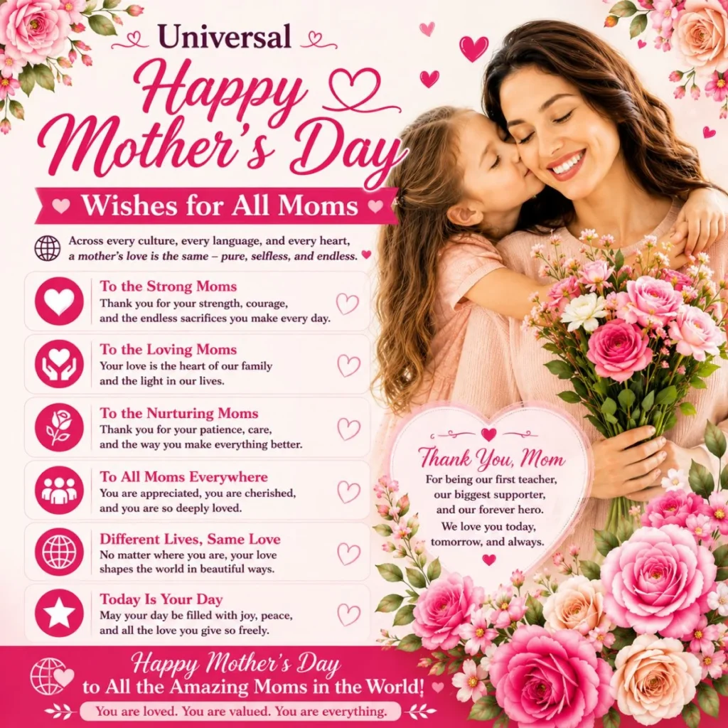 Mother and daughter with universal Happy Mother's Day wishes for all moms surrounded by pink floral decorations