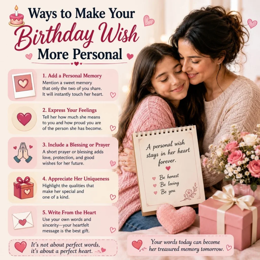 Mother hugging her daughter with tips to write a personal birthday wish filled with love, memories, and heartfelt blessings.
