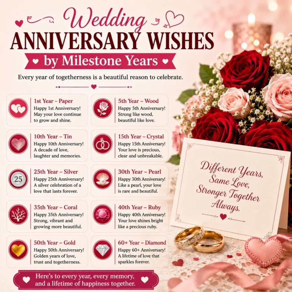 Wedding anniversary wishes by milestone years image with roses, rings, and anniversary year celebrations
