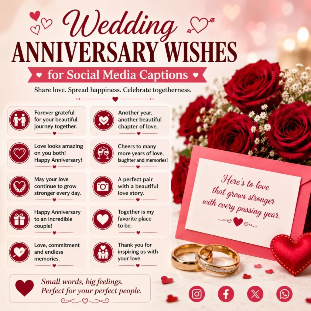 Wedding anniversary wishes for social media captions image with roses, rings, and romantic caption ideas