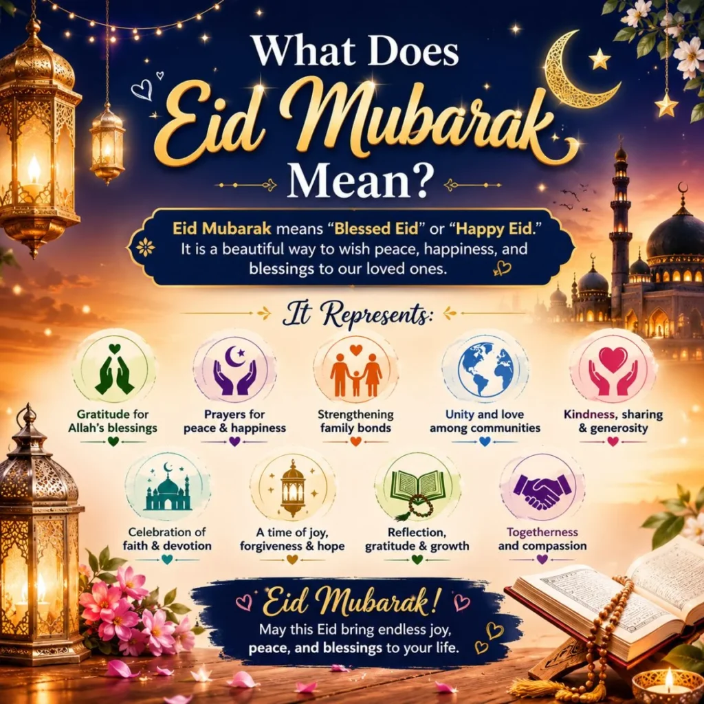 What Does Eid Mubarak Mean infographic with lanterns, crescent moon, mosque, and symbols of gratitude, prayer, and unity