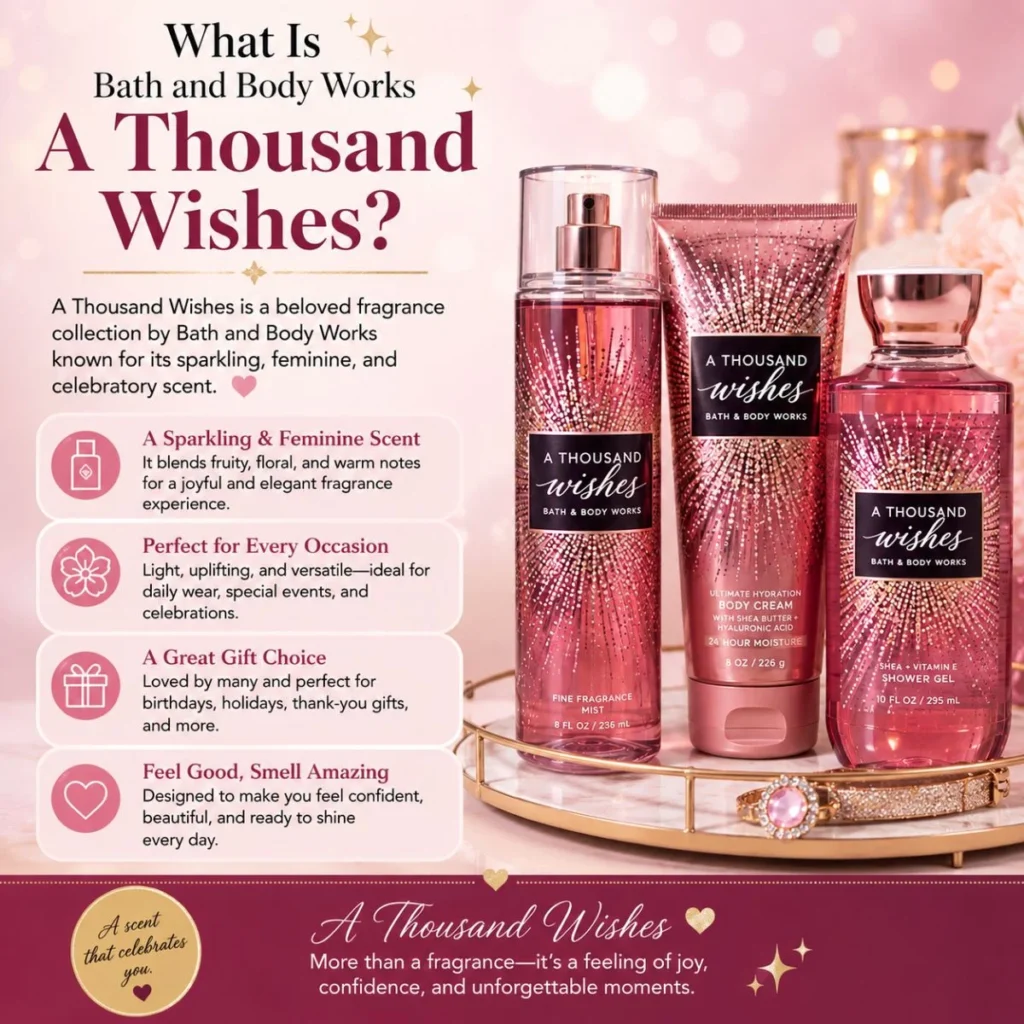 What Is Bath and Body Works A Thousand Wishes? Fragrance mist, body cream, and shower gel with elegant pink display