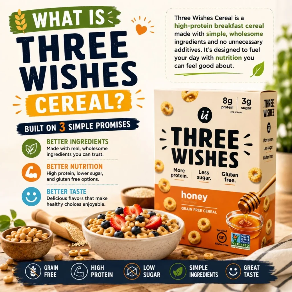 Infographic explaining what Three Wishes Cereal is with healthy ingredients, cereal bowl, and nutrition benefits
