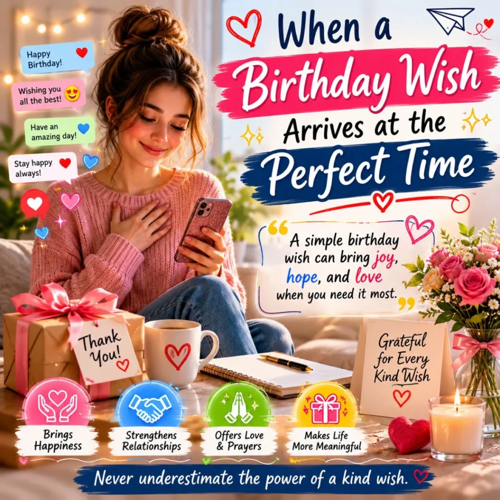 Birthday wish arriving at the perfect time with flowers, gift box, thank-you card, and warm gratitude illustration