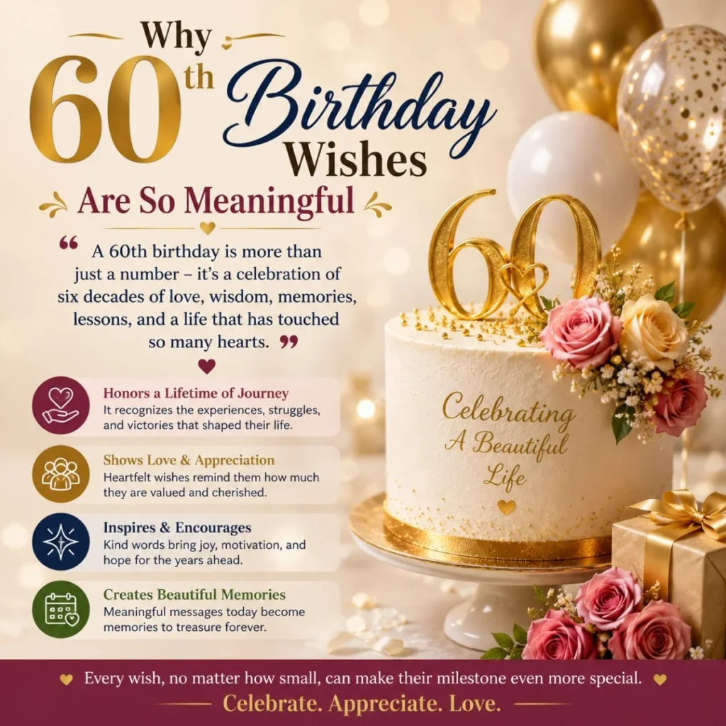 Why 60th birthday wishes are so meaningful with elegant 60th birthday cake, balloons, and heartfelt celebration design