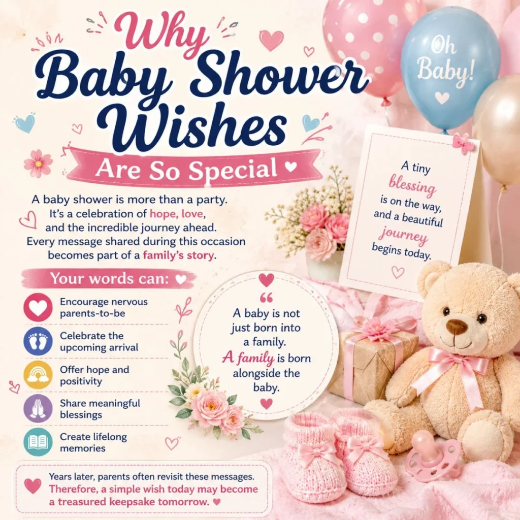 Why baby shower wishes are so special infographic with teddy bear, balloons, flowers, and meaningful baby shower messages