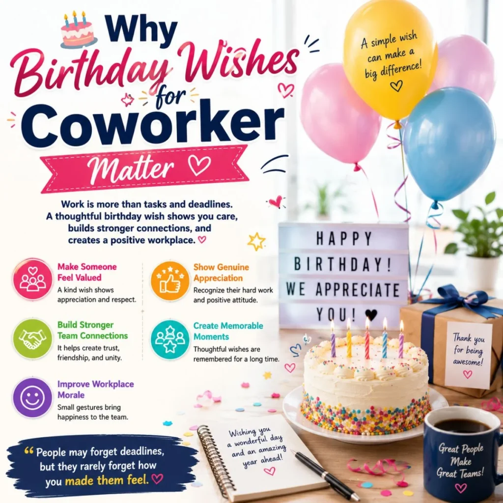 Infographic showing why birthday wishes for coworker matter with office cake, balloons, gifts, and appreciation messages