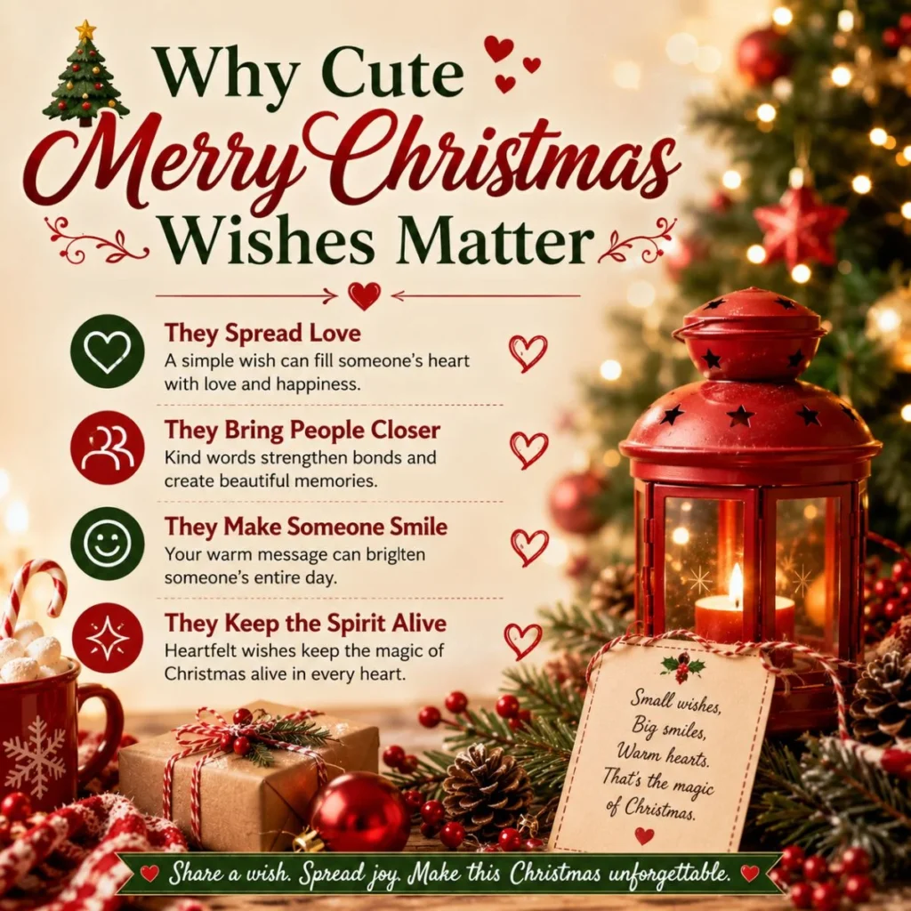 Why cute Merry Christmas wishes matter with festive lantern, Christmas tree, gifts, and heartfelt holiday message
