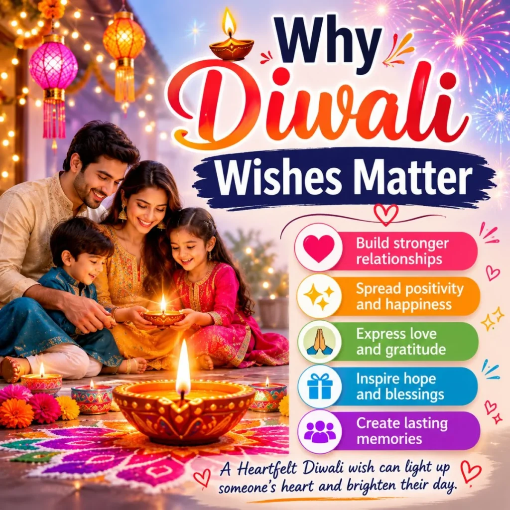 Why Diwali wishes matter infographic with family, diyas, fireworks, and reasons to spread love and positivity