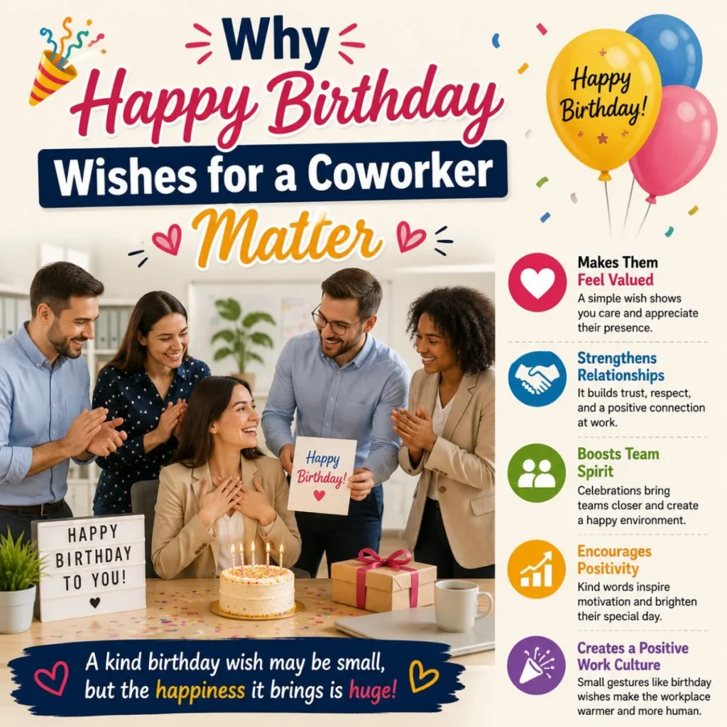 Coworkers celebrating a birthday in the office, showing why happy birthday wishes for a coworker matter in the workplace