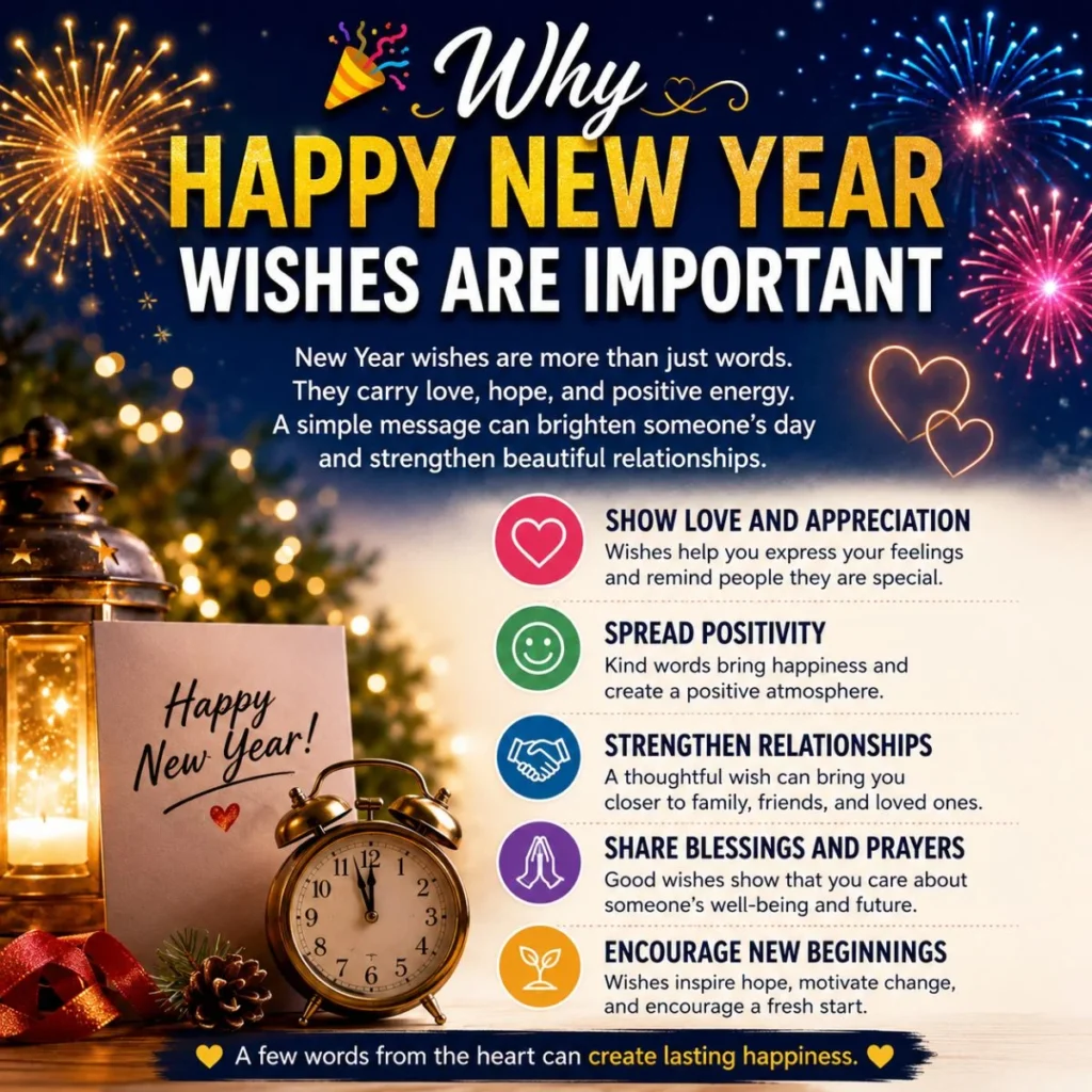 Infographic explaining why Happy New Year wishes are important with fireworks, lantern, and festive decorations
