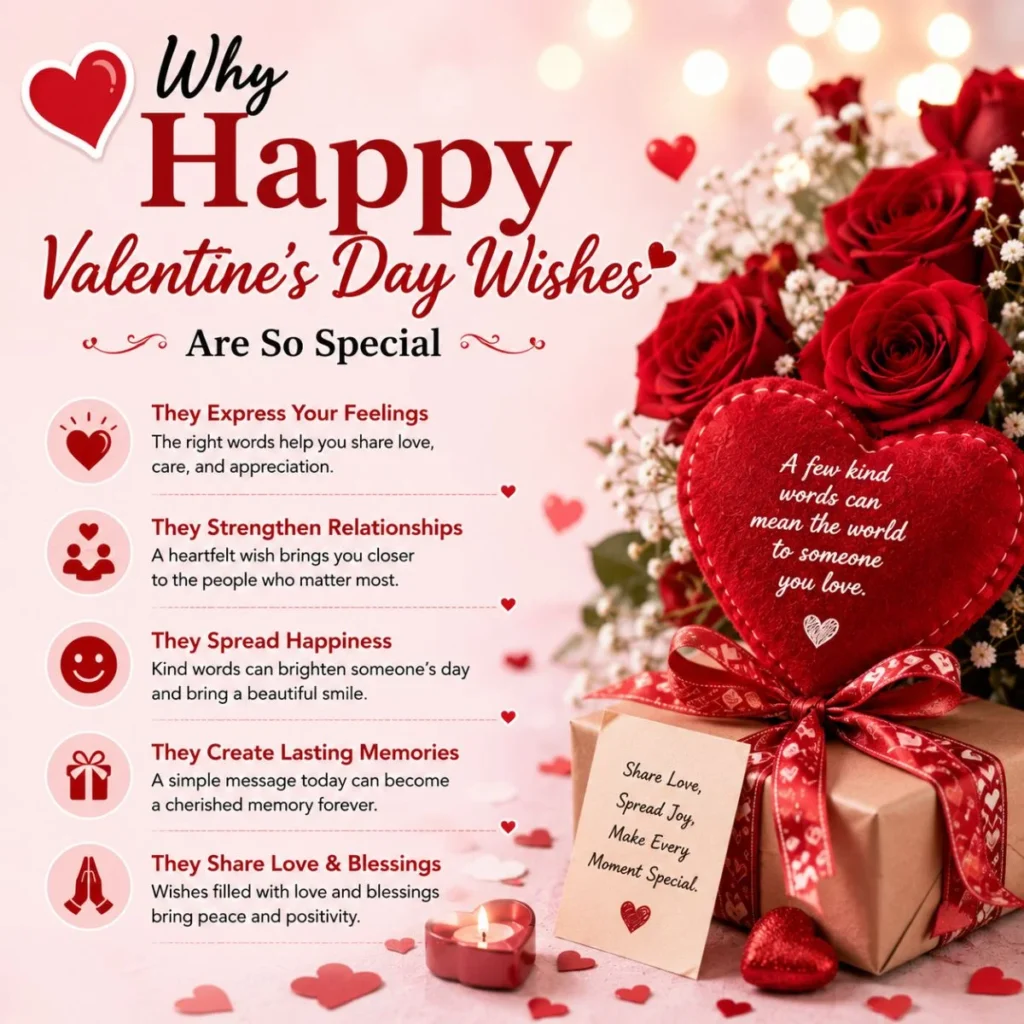 Why Happy Valentine's Day wishes are so special with red roses, heart gift, and romantic love message illustration.