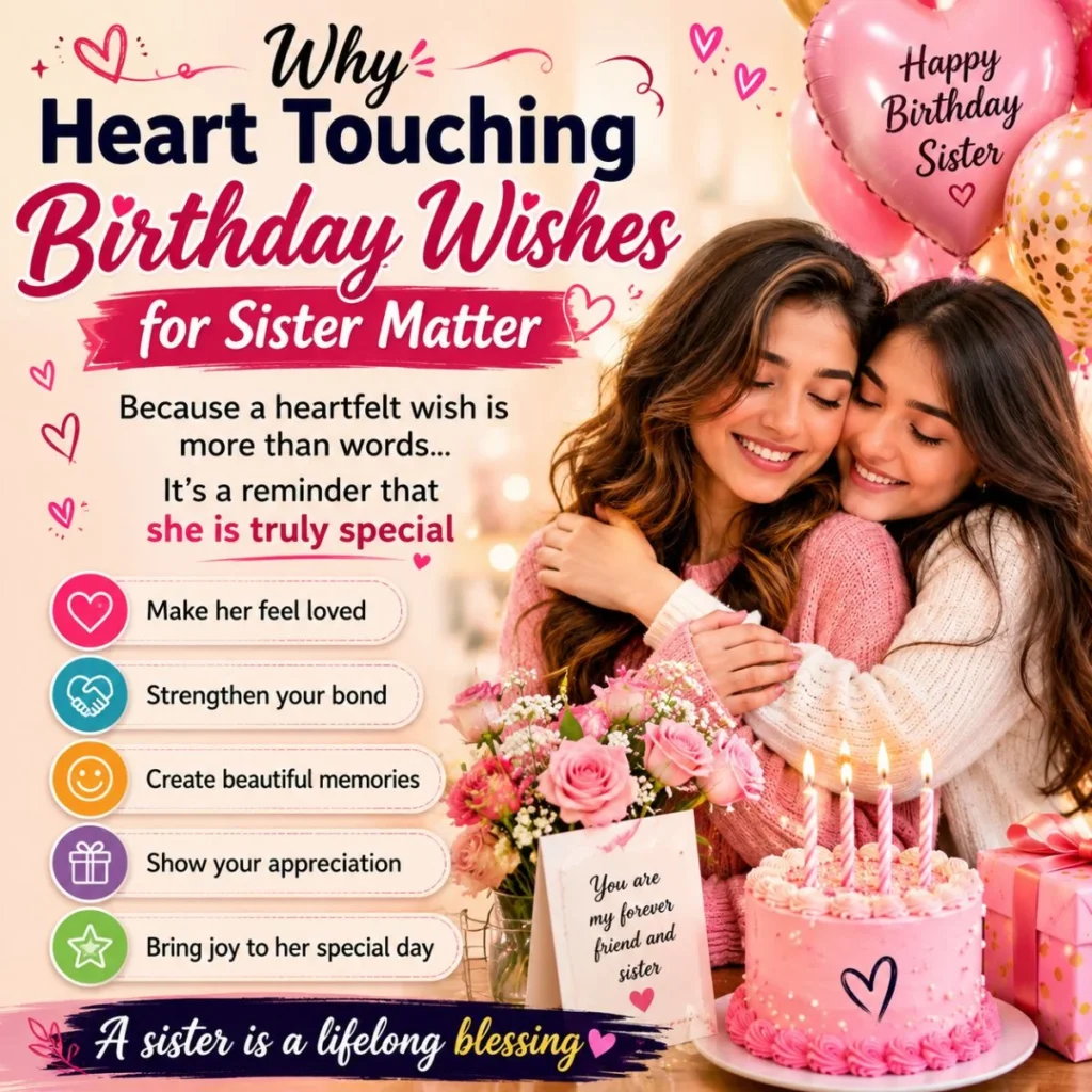 Why heart touching birthday wishes for sister matter image with two sisters hugging and birthday celebration elements