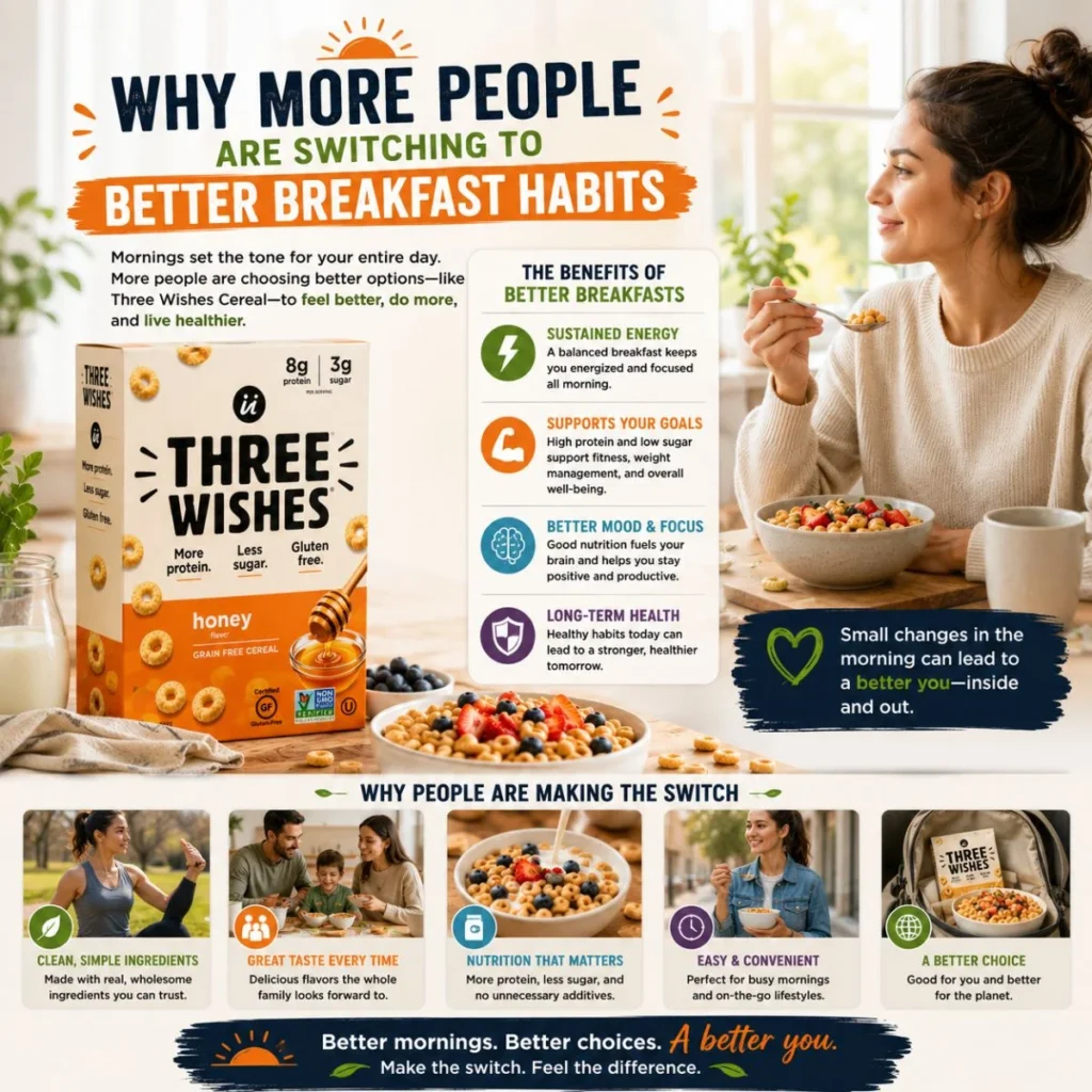 Infographic showing why more people are switching to better breakfast habits with Three Wishes Cereal and healthy benefits