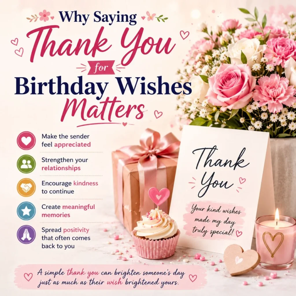 Why saying thank you for birthday wishes matters with flowers, gifts, and heartfelt gratitude illustration