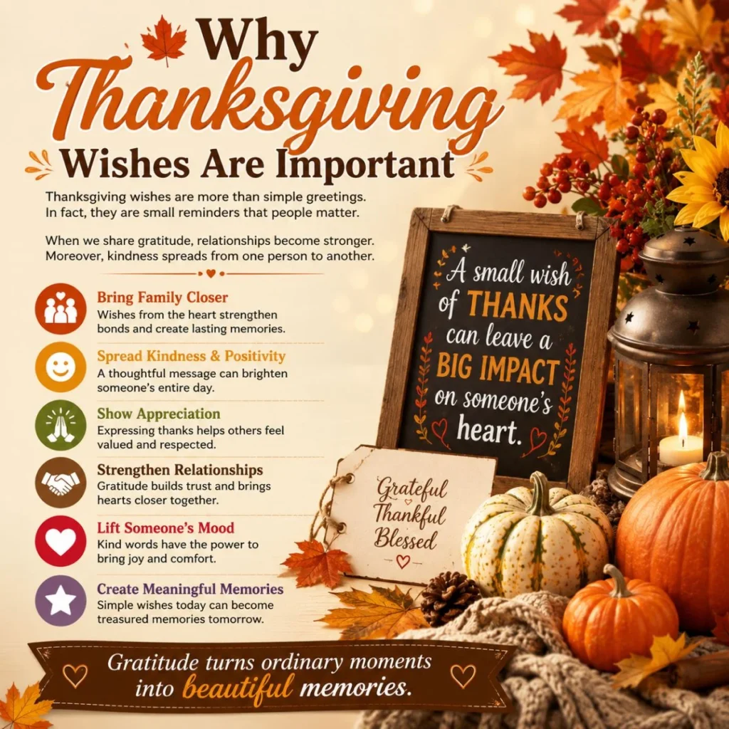 Thanksgiving infographic with pumpkins, autumn leaves, and reasons why Thanksgiving wishes are important