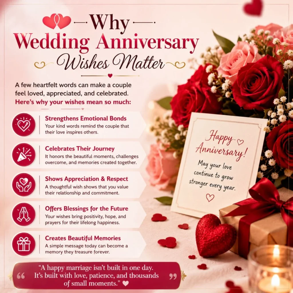 Why wedding anniversary wishes matter image with roses, candles, rings, and reasons to celebrate a couple's love