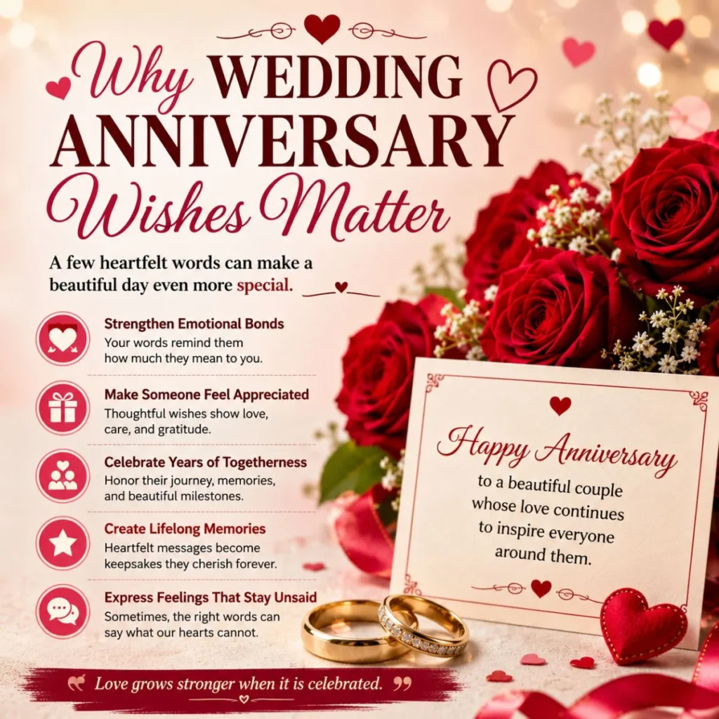 Why wedding anniversary wishes matter infographic with red roses, wedding rings, and heartfelt love message