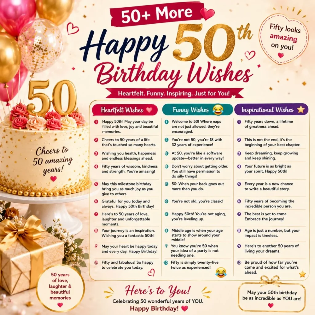 50+ happy 50th birthday wishes with a festive cake, balloons, gifts, and heartfelt, funny, and inspiring birthday messages