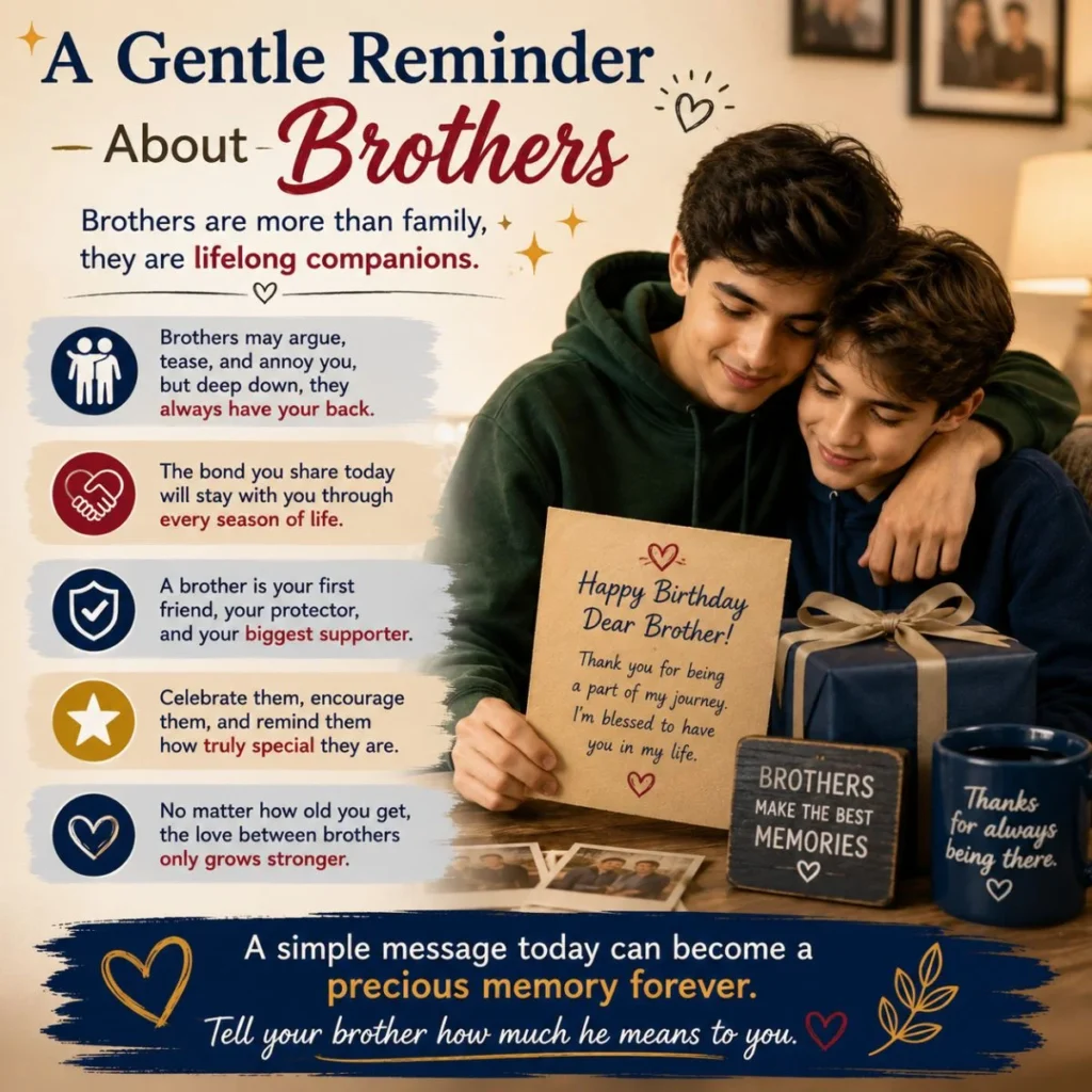 A gentle reminder about brothers with two siblings sharing a hug, a birthday card, gift, and heartfelt family message