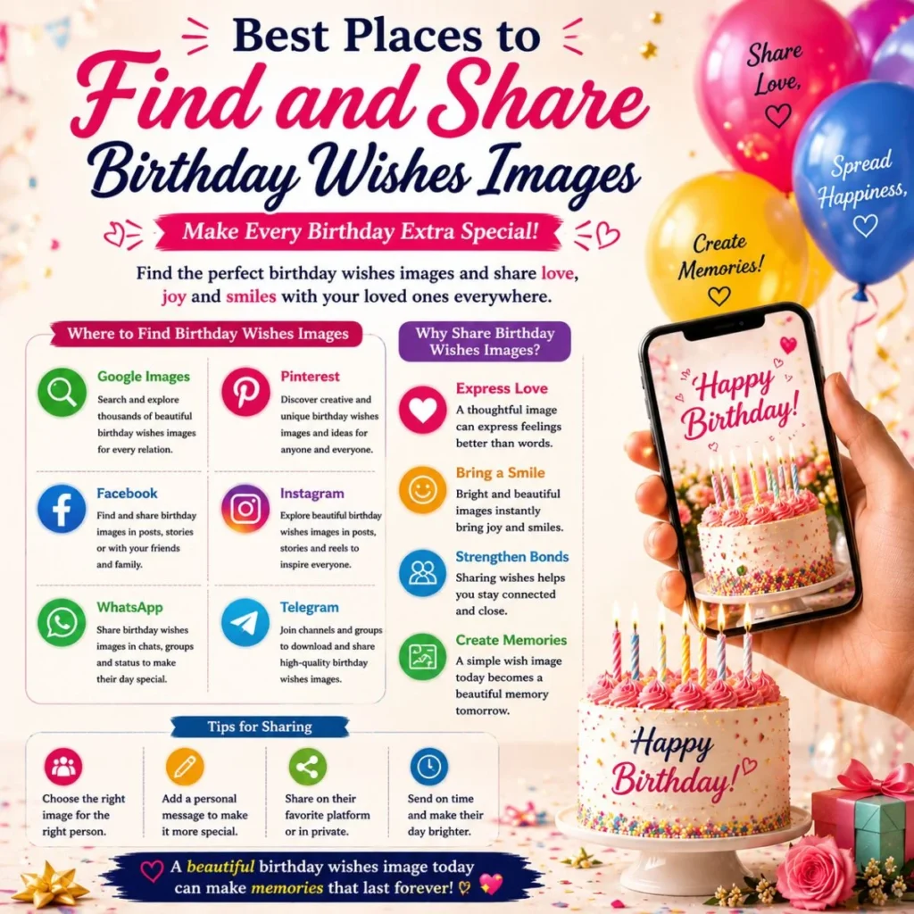 Best places to find and share birthday wishes images on Google, Pinterest, Facebook, Instagram, WhatsApp, and Telegram.