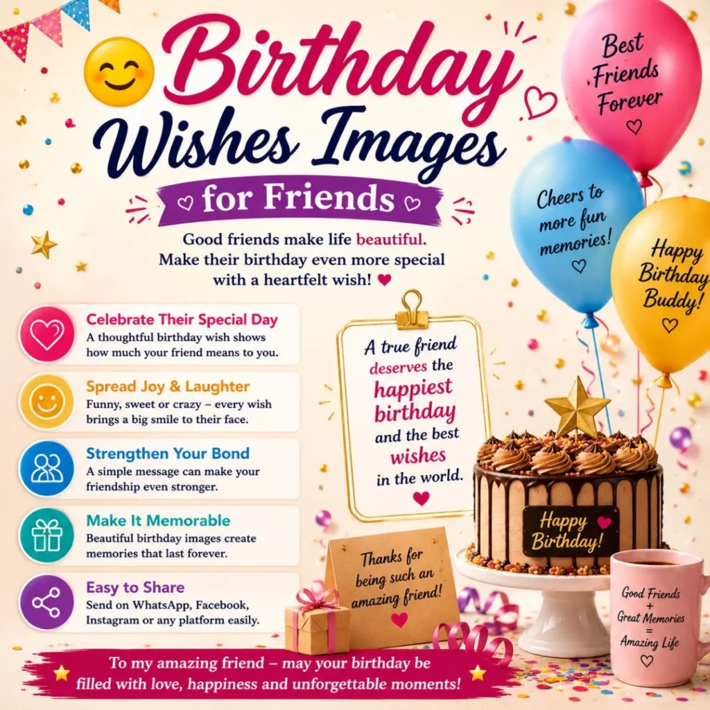 Birthday wishes images for friends with colorful balloons, birthday cake, gifts, and heartfelt friendship messages.