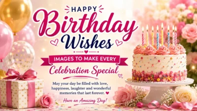 Beautiful birthday wishes image with a colorful cake, balloons, flowers, and heartfelt greetings for a joyful celebration