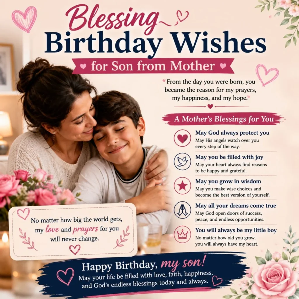 Mother hugging her son with blessing birthday wishes, heartfelt prayers, and loving birthday messages for her son.
