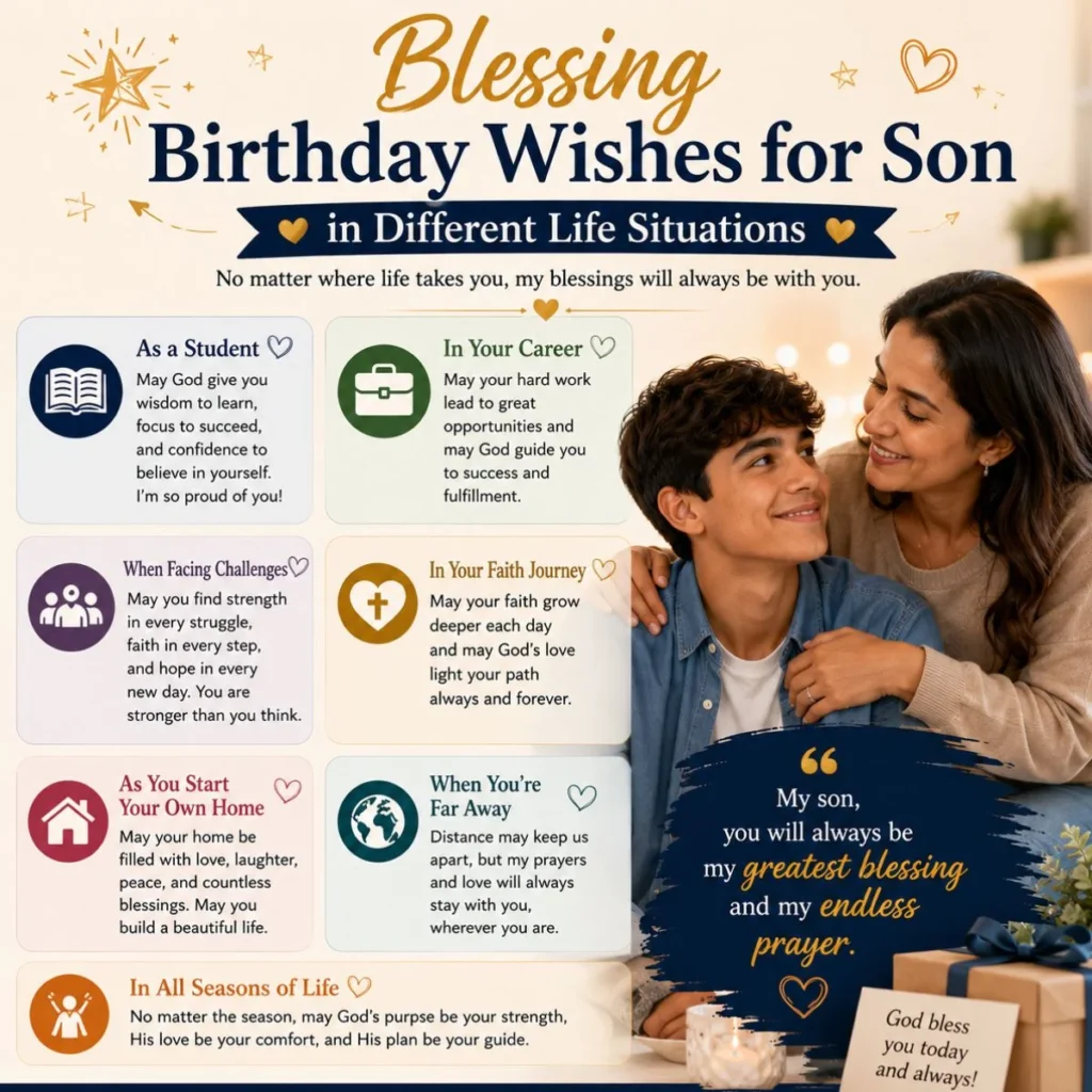 Blessing birthday wishes for son with heartfelt messages for different life situations, featuring a loving mother and son.