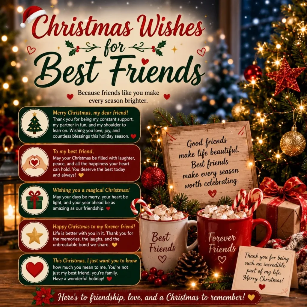 Christmas wishes for best friends with festive tree, gifts, warm mugs, and heartfelt holiday friendship messages.