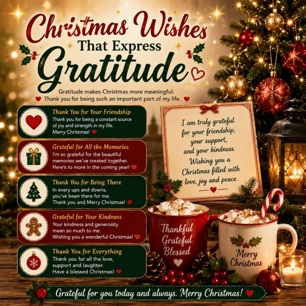 Christmas wishes that express gratitude with festive tree, warm mugs, glowing lights, and heartfelt holiday thank-you messages.