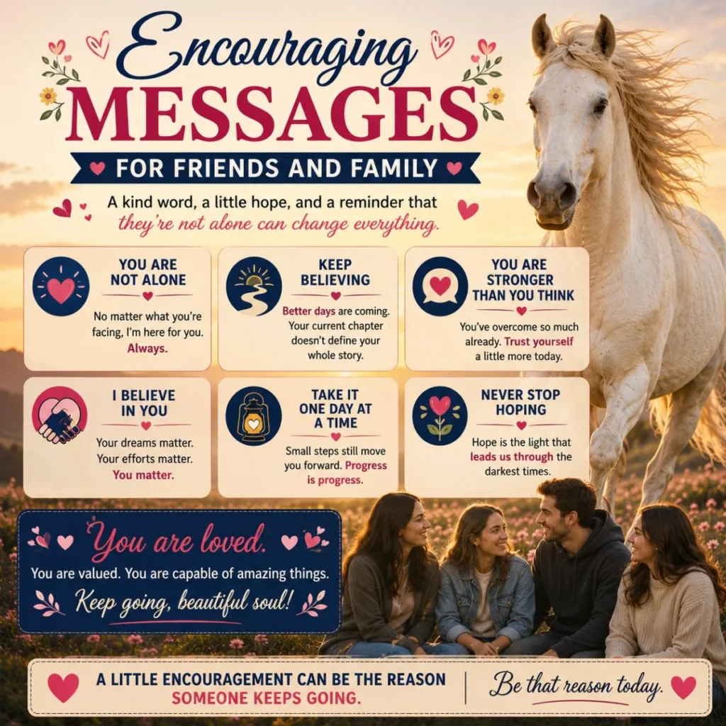 Encouraging messages for friends and family with uplifting quotes, a white horse, and a warm sunset background