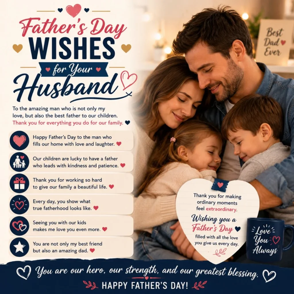 Father's Day wishes for your husband with a loving family hug and heartfelt message celebrating an amazing dad.