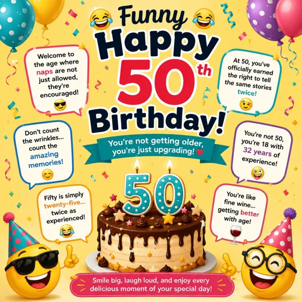 Funny happy 50th birthday wishes with a birthday cake, balloons, emojis, and humorous milestone birthday quotes