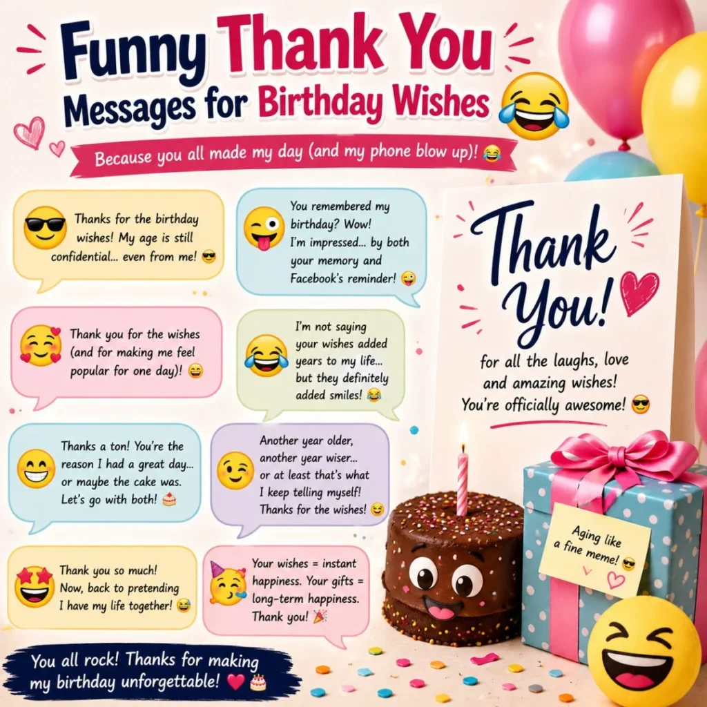 Funny thank you messages for birthday wishes with birthday cake, gift box, balloons, emojis, and playful gratitude quotes.