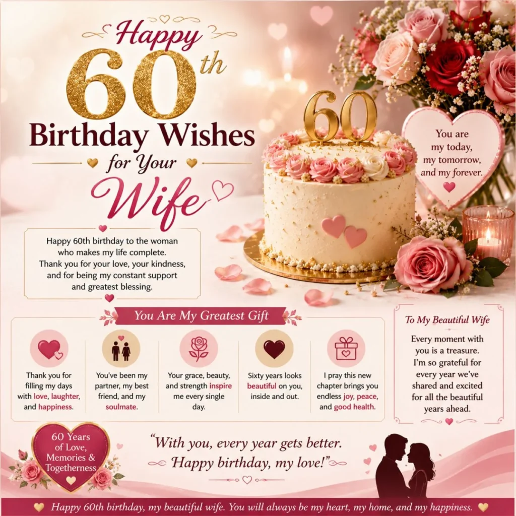 Happy 60th Birthday Wishes for Your Wife with romantic cake, roses, heartfelt love message, and elegant floral design.