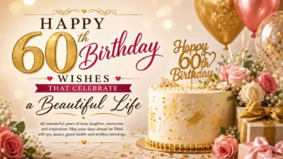 Elegant Happy 60th Birthday Wishes image with a gold cake, roses, balloons, and heartfelt celebration of a beautiful life.