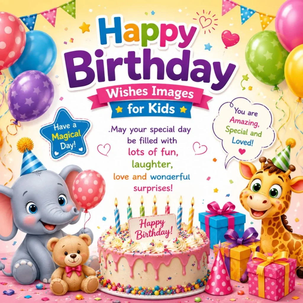Happy birthday wishes image for kids with a colorful cake, balloons, cute animals, gifts, and joyful birthday message.